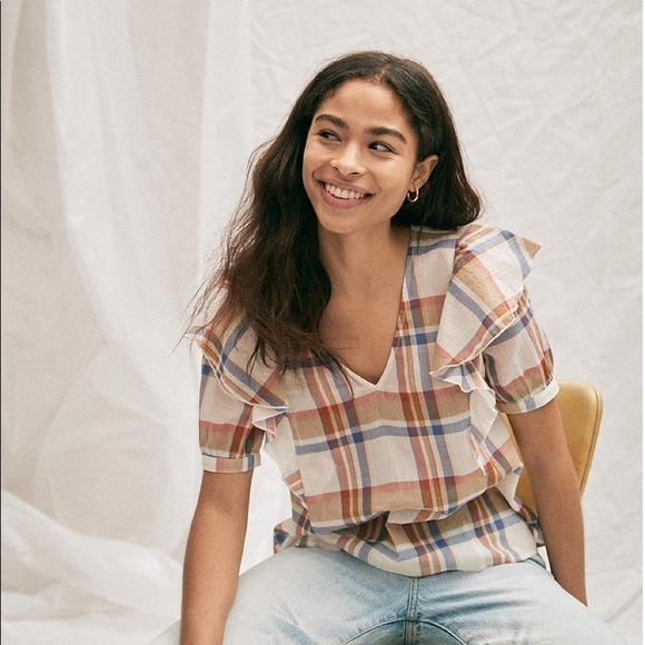 Madewell V-Neck Shoulder-Ruffle Top in Plaid womens XS - Picture 5 of 11